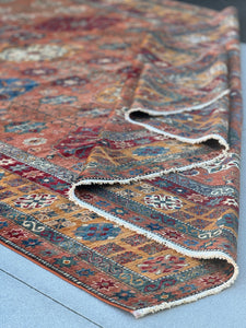 9x13 Handmade Afghan Rug | Terracotta Red Brown Denim Blue Azure Golden Saffron Cream Ivory Olive Sage Green Mustard Yellow | Kazak Wool