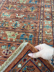 3x7 (78 x 208) Handmade Afghan Rug | Terracotta Burnt Orange Honey Teal Cream Ivory Olive Green |Wool Persian Gabbeh Knotted Oriental