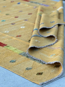 6x9 - 7x10 Handmade Afghan Rug | Golden Mustard Yellow Teal Lilac Moss Green Eggplant Salmon Pink | Wool Afghan Knotted Simple Tassels