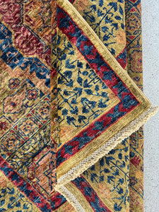 4x6 ( 120 x 180) Handmade Afghan Rug | Gold Honey Midnight Blue Auburn Ruby Light Orange | Wool Persian Mamluk Knotted Oriental Tassels