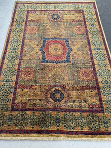4x6 ( 120 x 180) Handmade Afghan Rug | Gold Honey Midnight Blue Auburn Ruby Light Orange | Wool Persian Mamluk Knotted Oriental Tassels