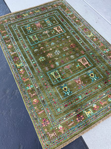 5x6 (150 x 180) Handmade Afghan Rug | Forest Green Cream Salmon Pink Hot Pink Teal Auburn Brown | Wool Persian Knotted Traditional Gabbeh