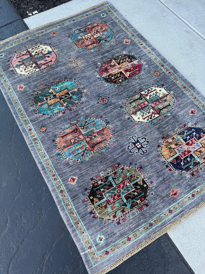 4x6 (120x180) Handmade Afghan Rug | Charcoal Grey Prussian Blue Aqua Forest Green Fuchsia Honey | Wool Turkmen Knotted Elephants Foot