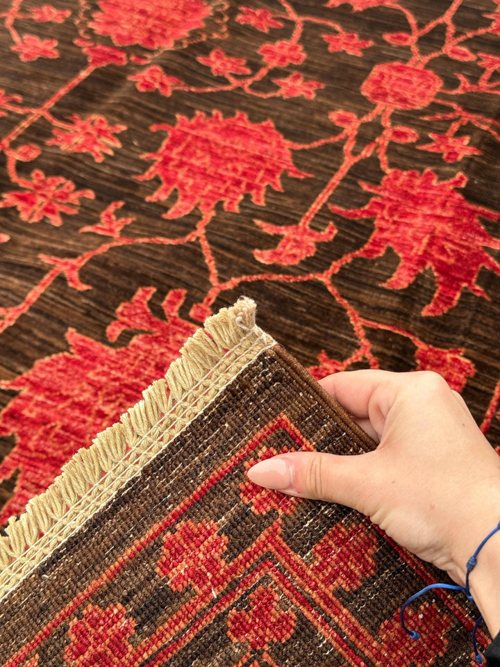 7x10 (213x305) Handmade Afghan Rug | Coffee Chocolate Brown Crimson Red | Floral Wool Hand Knotted Traditional