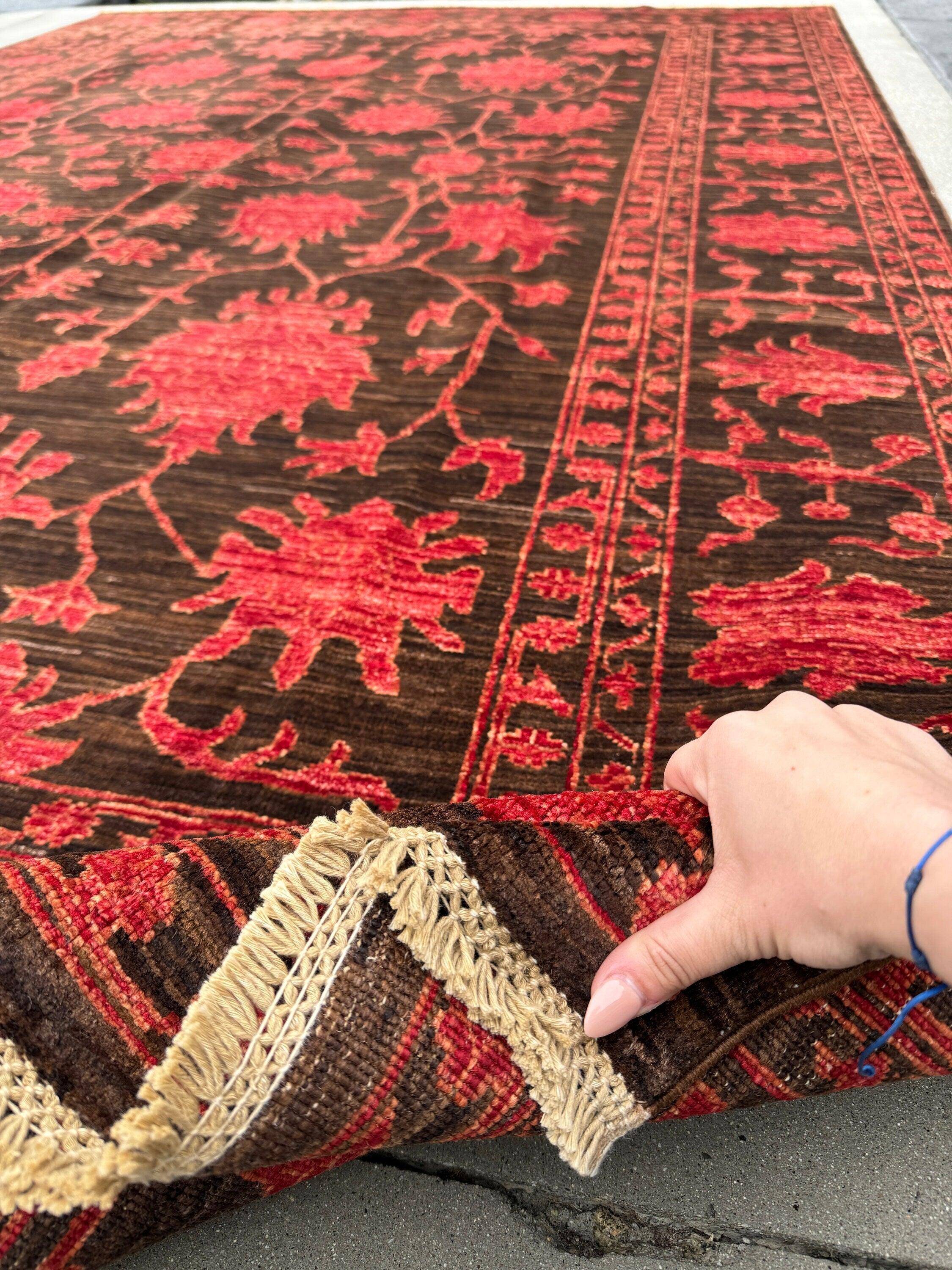 7x10 (213x305) Handmade Afghan Rug | Coffee Chocolate Brown Crimson Red | Floral Wool Hand Knotted Traditional