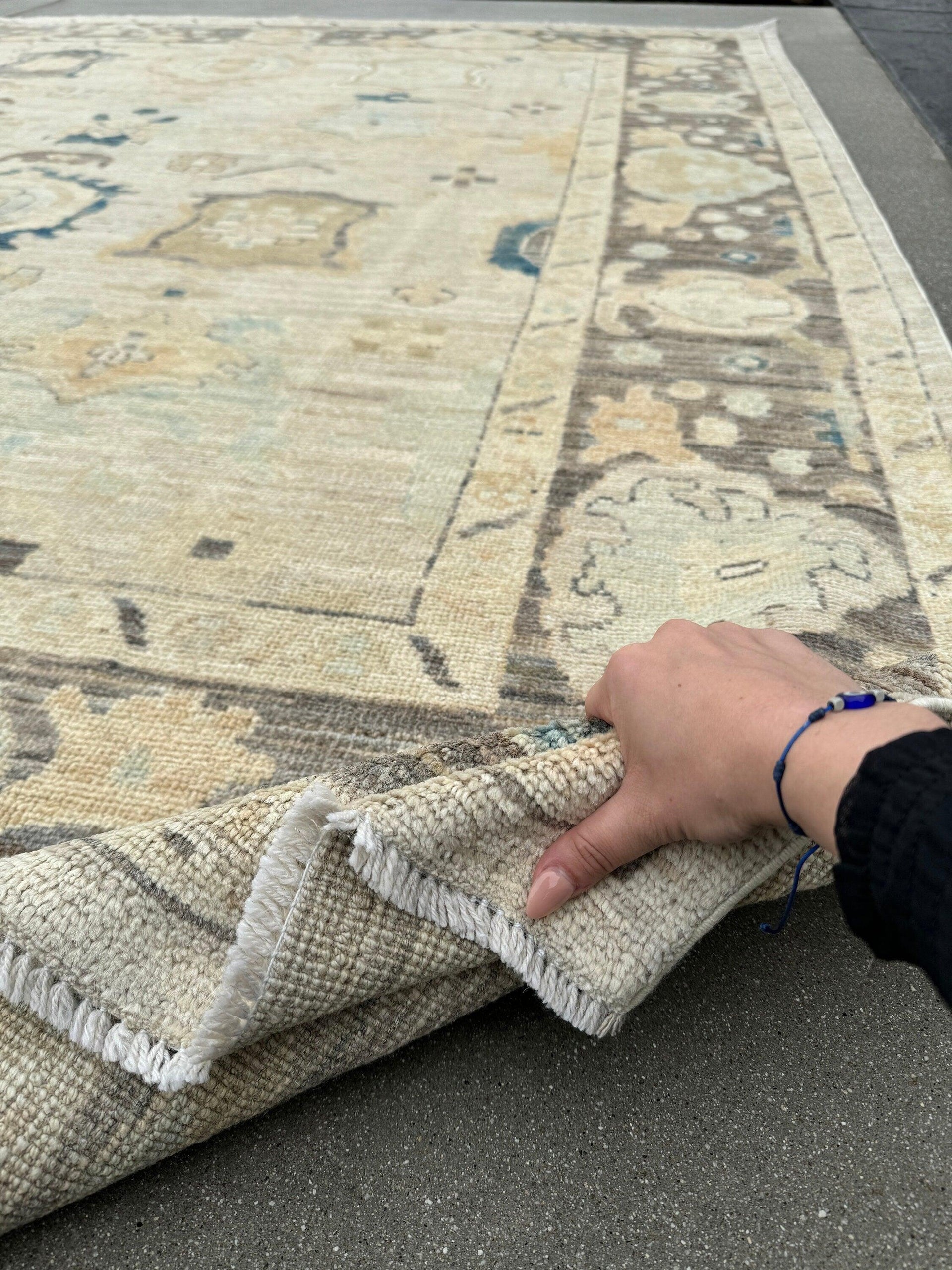 8x10 (240x300) Handmade Afghan Rug | Cream Beige Powder Navy Blue Taupe Coffee Brown Grey | Oushak Wool Hand Knotted