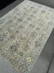 6x8-9 (182x260) Handmade Afghan Rug | Cream Denim Baby Blue Grey Teal Gold Beige Taupe | Wool Medallion Hand Knotted