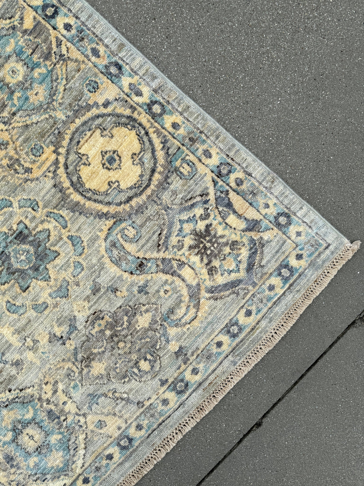 6x8-9 (182x260) Handmade Afghan Rug | Cream Denim Baby Blue Grey Teal Gold Beige Taupe | Wool Medallion Hand Knotted