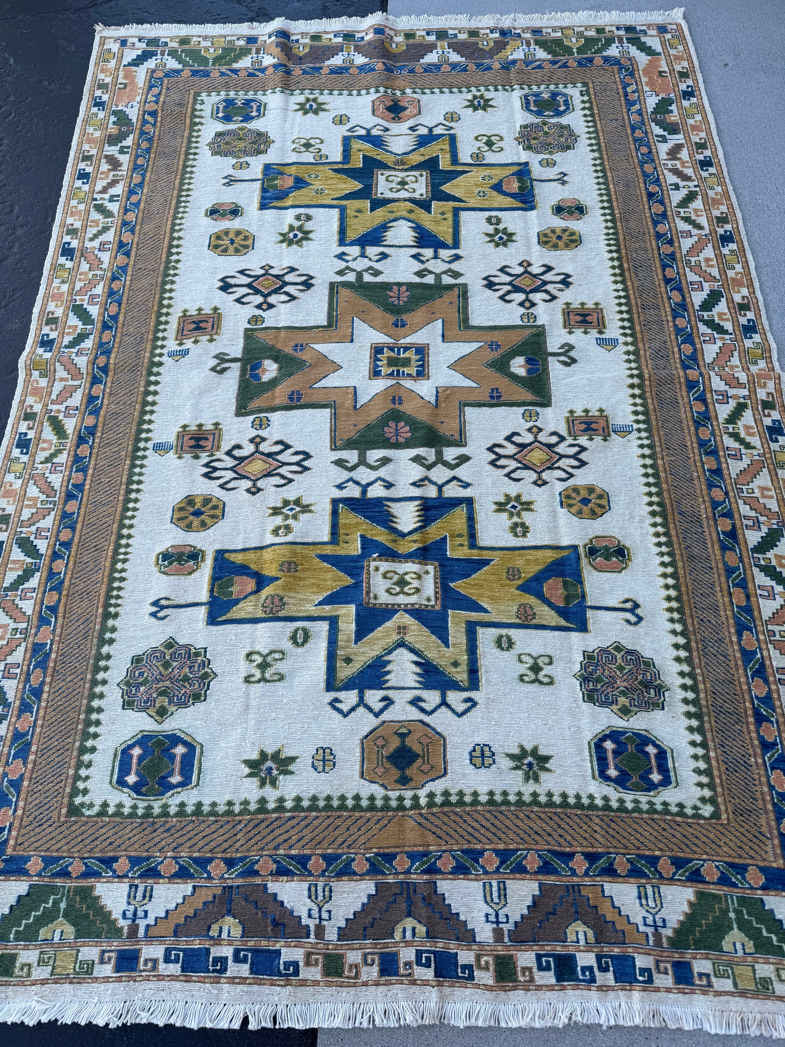 5x7 (150 x 215) Handmade Afghan Rug | Cream White Denim Blue Sapphire Green Orange Saffron Gold Olive Green | Wool Geometric Knotted Tassels
