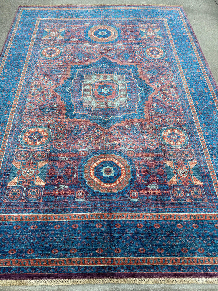 6x8 (182x244) Handmade Afghan Rug | Indigo Sapphire Aqua Blue Rust Orange Mauve Lilac Purple | Wool Mamluk Hand Knotted