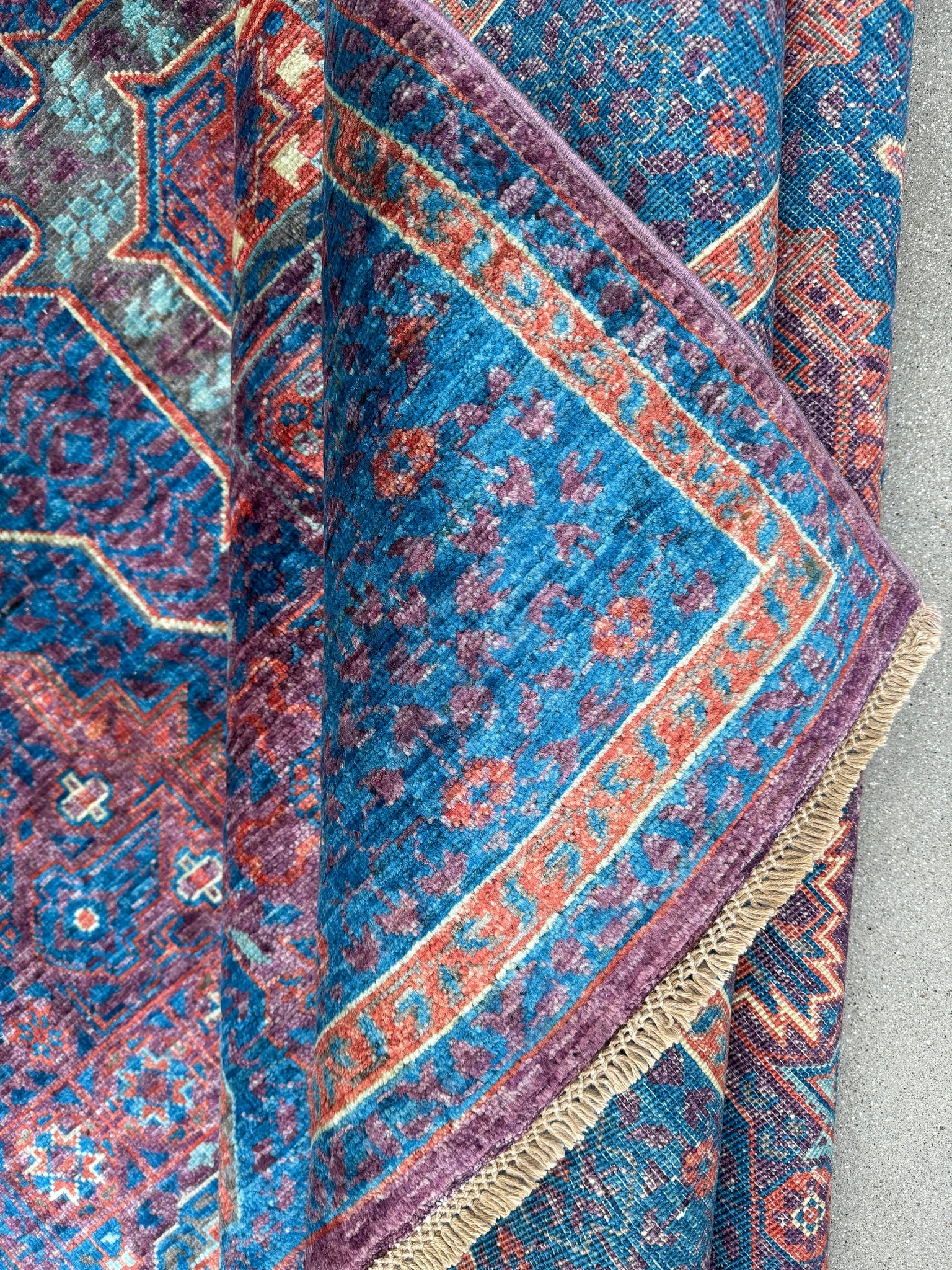 6x8 (182x244) Handmade Afghan Rug | Indigo Sapphire Aqua Blue Rust Orange Mauve Lilac Purple | Wool Mamluk Hand Knotted