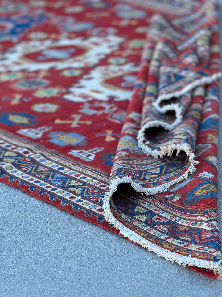 5-6x8 Handmade Afghan Moroccan Rug | Ruby Red Denim Blue Ivory Yellow Teal | Classic Wool Hand Knotted Tassels Traditional Kazak