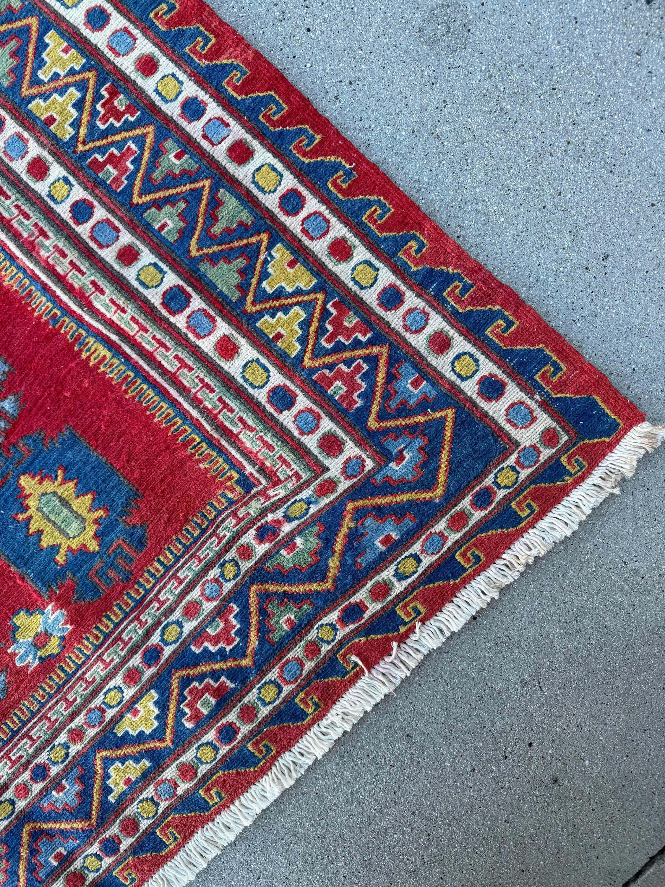 5-6x8 Handmade Afghan Moroccan Rug | Ruby Red Denim Blue Ivory Yellow Teal | Classic Wool Hand Knotted Tassels Traditional Kazak