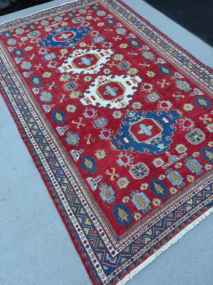 5-6x8 Handmade Afghan Moroccan Rug | Ruby Red Denim Blue Ivory Yellow Teal | Classic Wool Hand Knotted Tassels Traditional Kazak