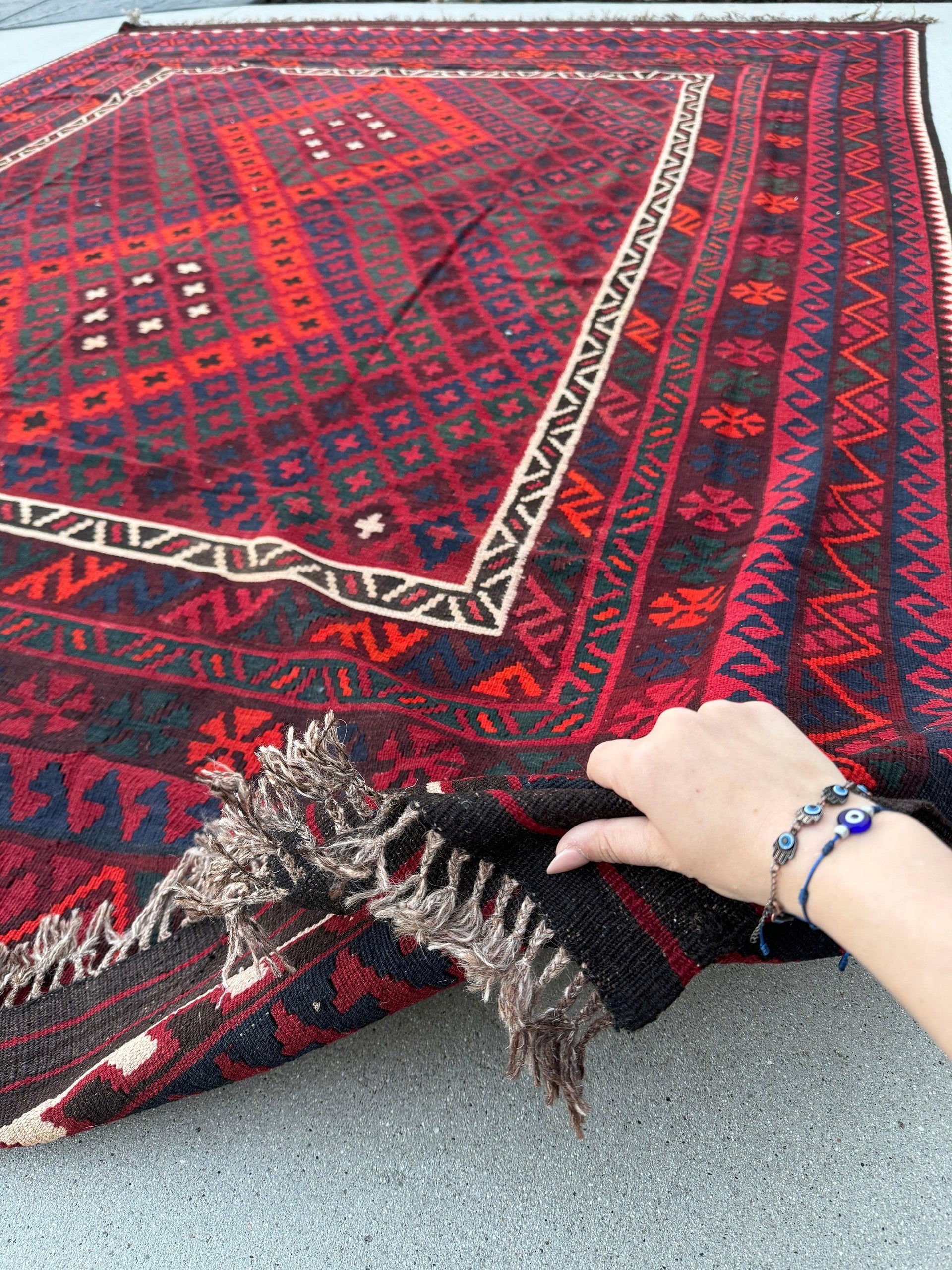 8x11 - 9x11 Handmade Afghan Kilim Rug | Crimson Blood Red Navy Midnight Blue Forest Green White Black | Geometric Wool Flatweave