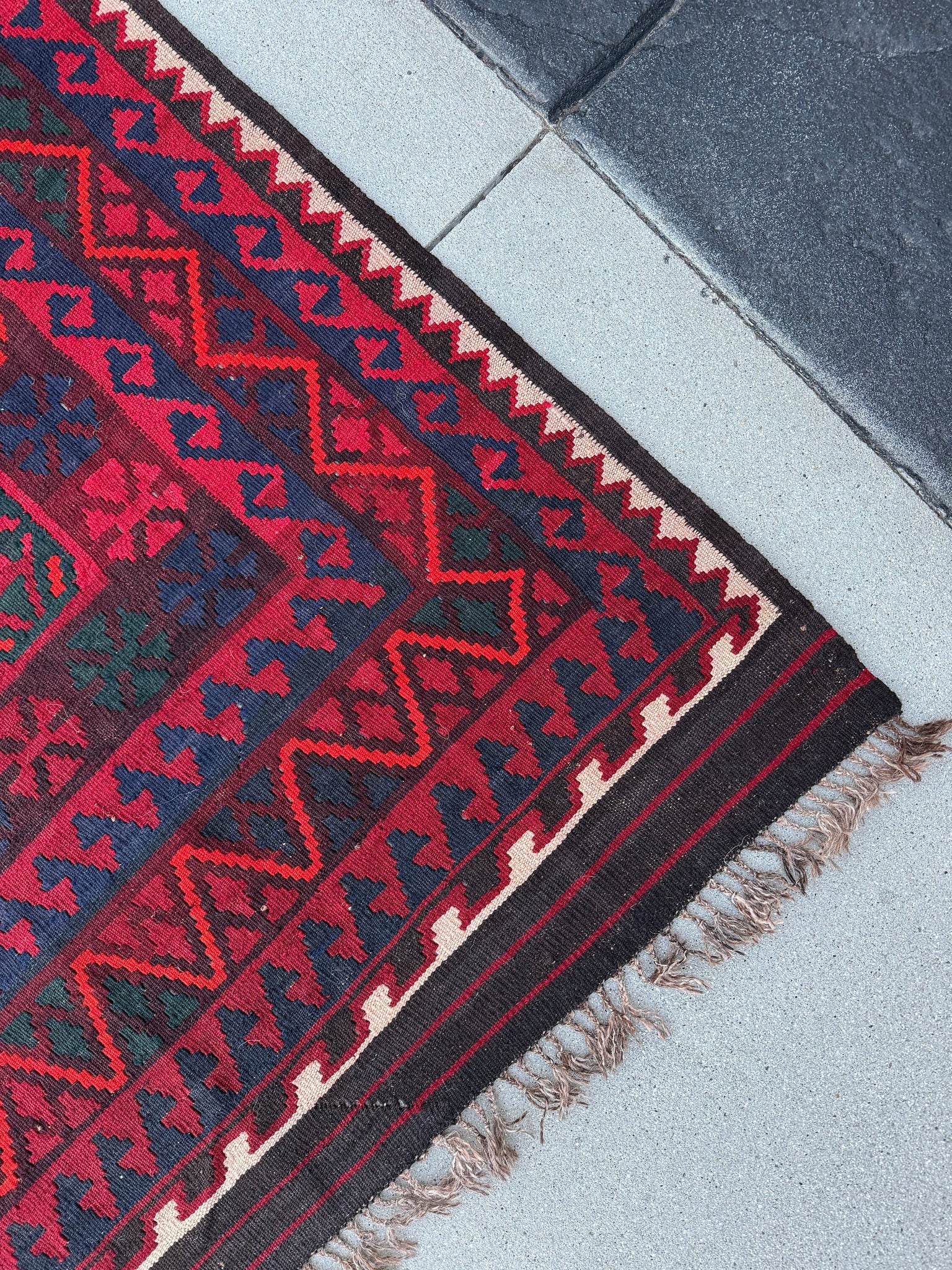 8x11 - 9x11 Handmade Afghan Kilim Rug | Crimson Blood Red Navy Midnight Blue Forest Green White Black | Geometric Wool Flatweave