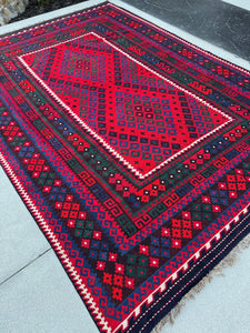 8x11 (244x335) Handmade Afghan Kilim Rug | Crimson Blood Red Navy Midnight Blue Forest Green White Black | Geometric Wool Flatweave