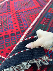 8x11 (244x335) Handmade Afghan Kilim Rug | Crimson Blood Red Navy Midnight Blue Forest Green White Black | Geometric Wool Flatweave