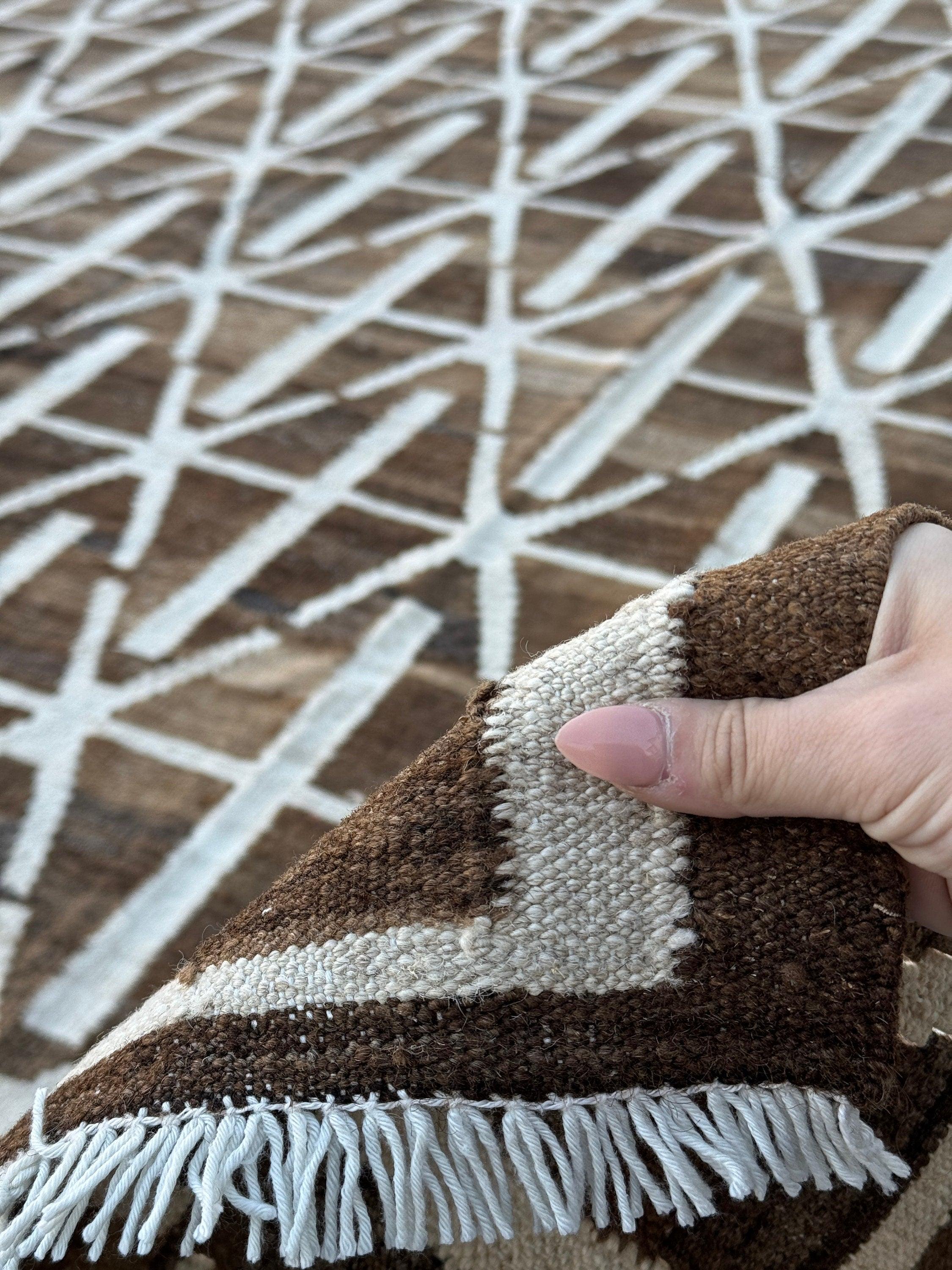 9x10 (274x305) Handmade Afghan Kilim Rug | Neutral Mocha Coffee Brown Ivory | Flatweave Flatwoven Outdoor Luxury Wool Quality Modern