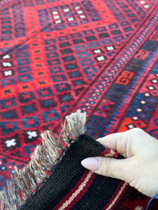 8x10 (244x251) Handmade Afghan Kilim Rug | Crimson Cherry Blood Red Navy Midnight Blue White Black Beige | Geometric Wool Flatweave