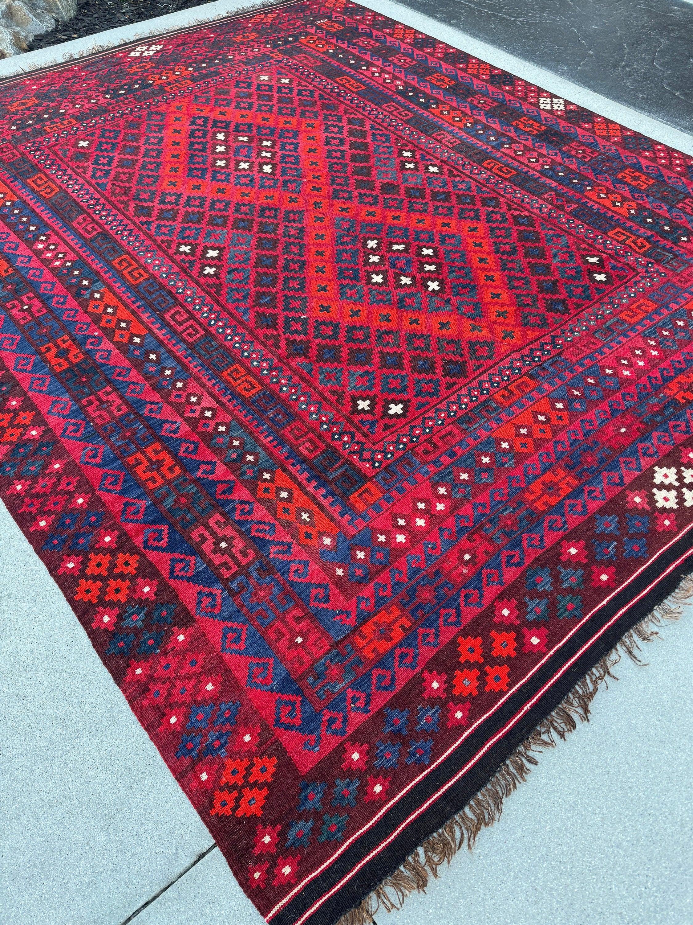 8x10 (244x251) Handmade Afghan Kilim Rug | Crimson Cherry Blood Red Navy Midnight Blue White Black Beige | Geometric Wool Flatweave