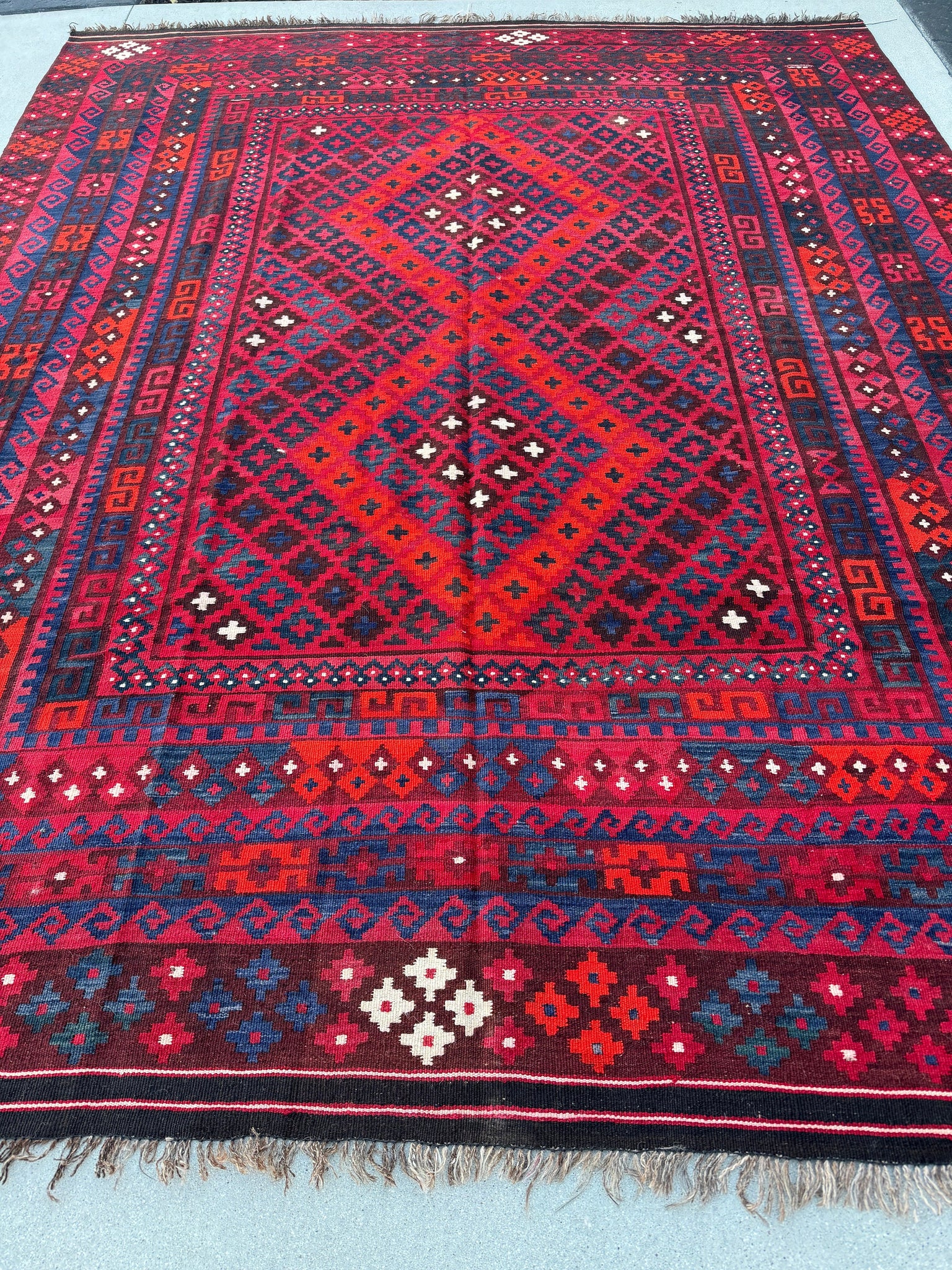 8x10 (244x251) Handmade Afghan Kilim Rug | Crimson Cherry Blood Red Navy Midnight Blue White Black Beige | Geometric Wool Flatweave