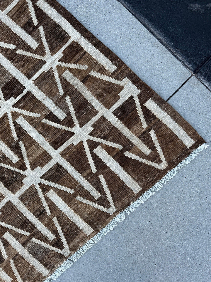 7x10 (213x305) Handmade Afghan Kilim Rug | Mocha Chocolate Brown Cream White | Flatweave Wool Flatwoven Boho