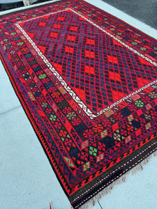 8x13 (244x396) Handmade Afghan Kilim Rug | Crimson Cherry Blood Red Emerald Green White Navy Blue | Flatweave Wool Flatwoven Boho