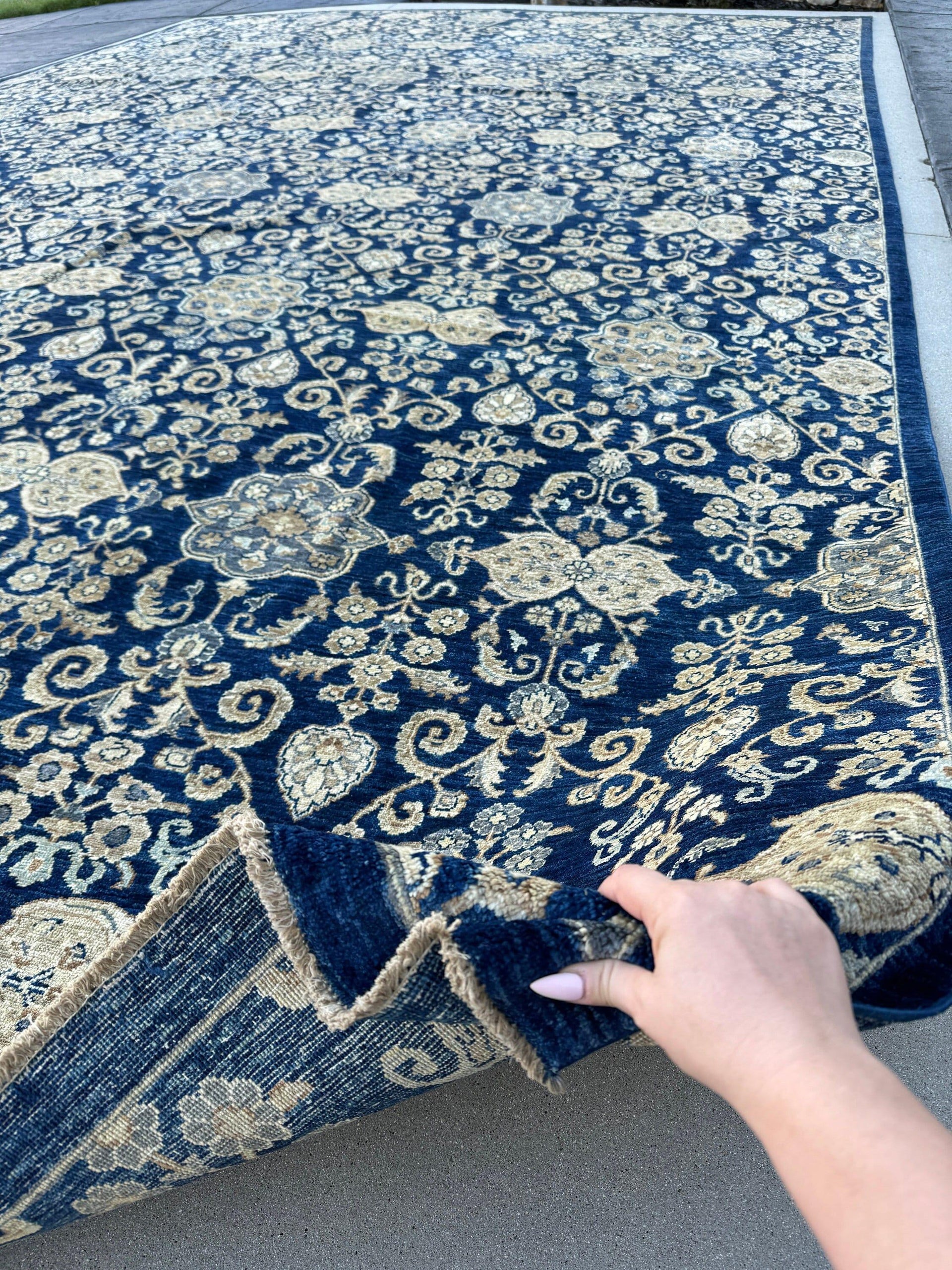 11x17 (213x518) Handmade Afghan Rug | Navy Powder Sky Blue Cream Beige White | Wool Hand Knotted Floral