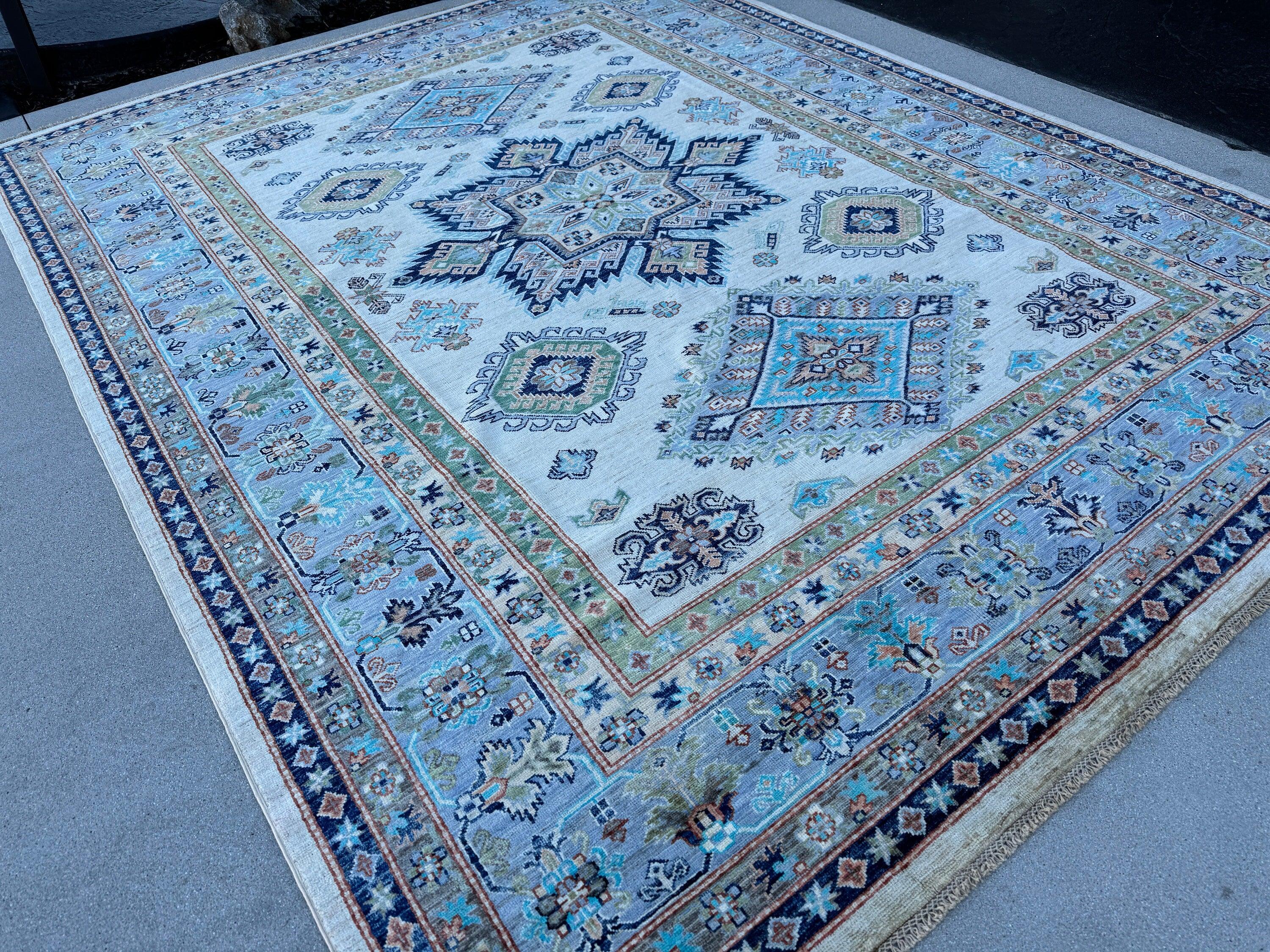 8x10 (240x300) Handmade Afghan Rug | Cream Baby Powder Navy Blue Teal Turquoise Olive Green Rust Orange Terracotta | Wool Kazak Hand Knotted