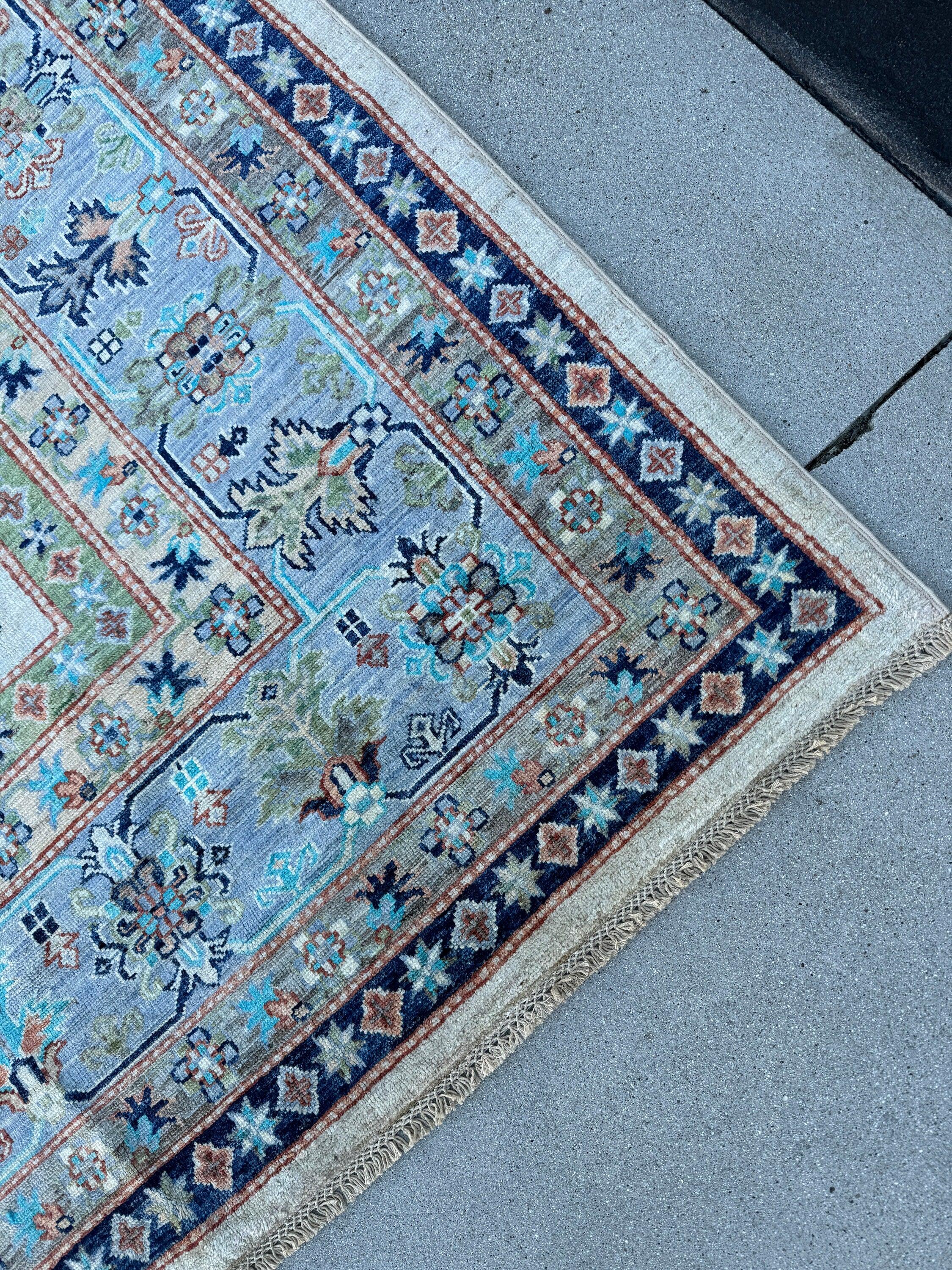 8x10 (240x300) Handmade Afghan Rug | Cream Baby Powder Navy Blue Teal Turquoise Olive Green Rust Orange Terracotta | Wool Kazak Hand Knotted