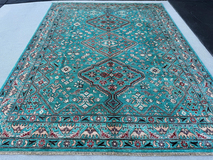 8x10 (240x300) Handmade Afghan Rug | Teal Cream Beige Black Ruby Red Coral Orange Sage Green Grey Gray | Wool Kazak Hand Knotted