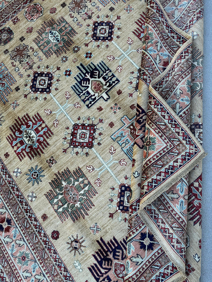 8x10 Handmade Afghan Rug | Beige Sand Tan Burgundy Crimson Red Sapphire Navy Blue Teal Turquoise Terracotta Rust Orange Ivory Olive Green