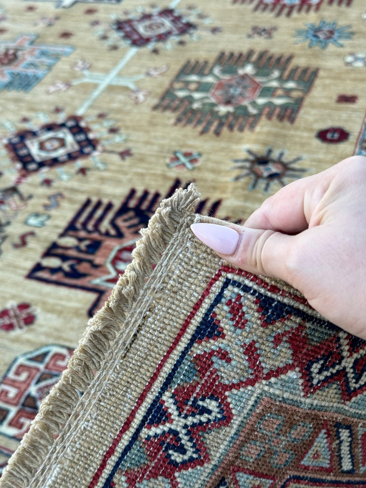 8x10 Handmade Afghan Rug | Beige Sand Tan Burgundy Crimson Red Sapphire Navy Blue Teal Turquoise Terracotta Rust Orange Ivory Olive Green