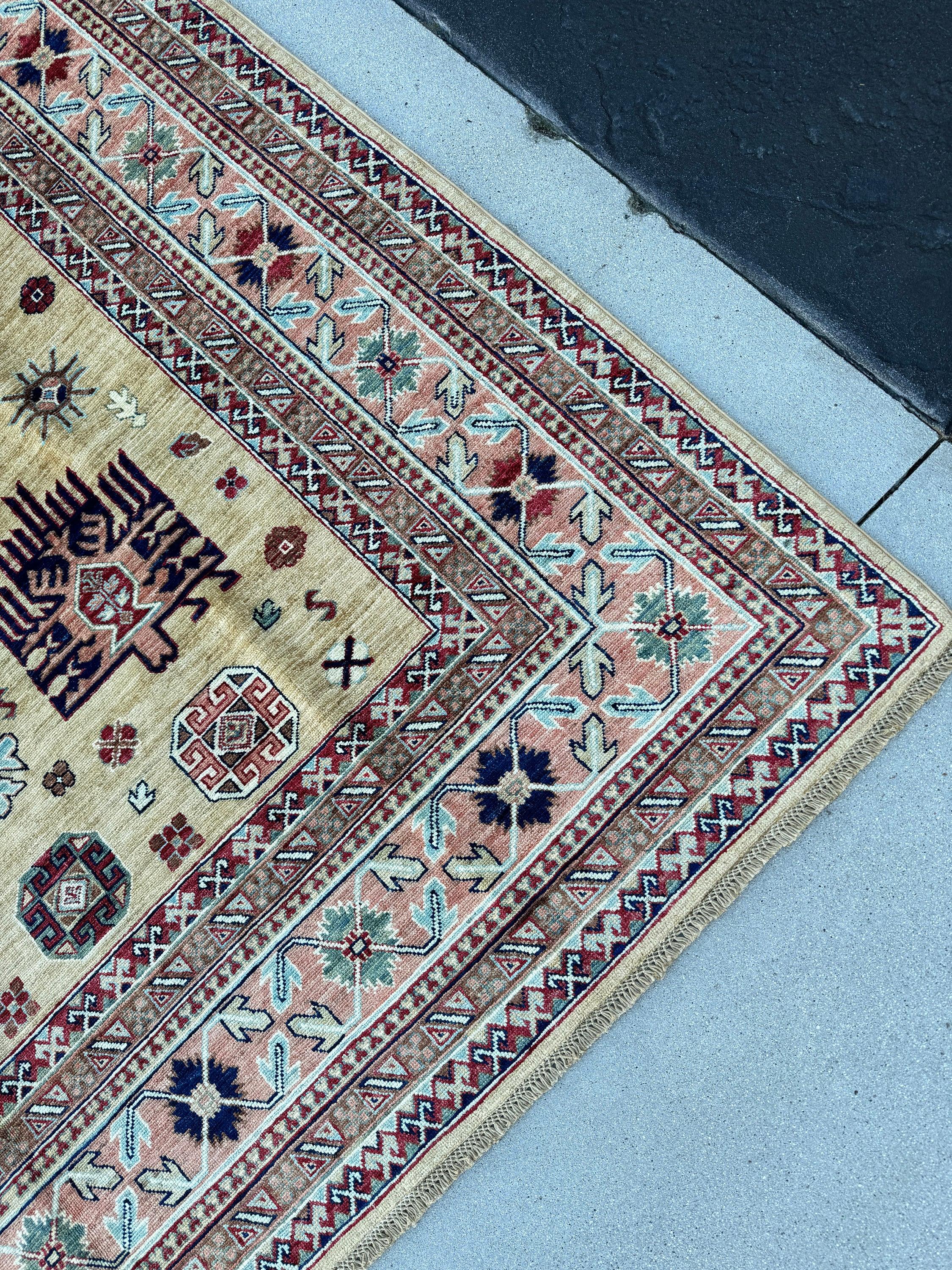 8x10 Handmade Afghan Rug | Beige Sand Tan Burgundy Crimson Red Sapphire Navy Blue Teal Turquoise Terracotta Rust Orange Ivory Olive Green