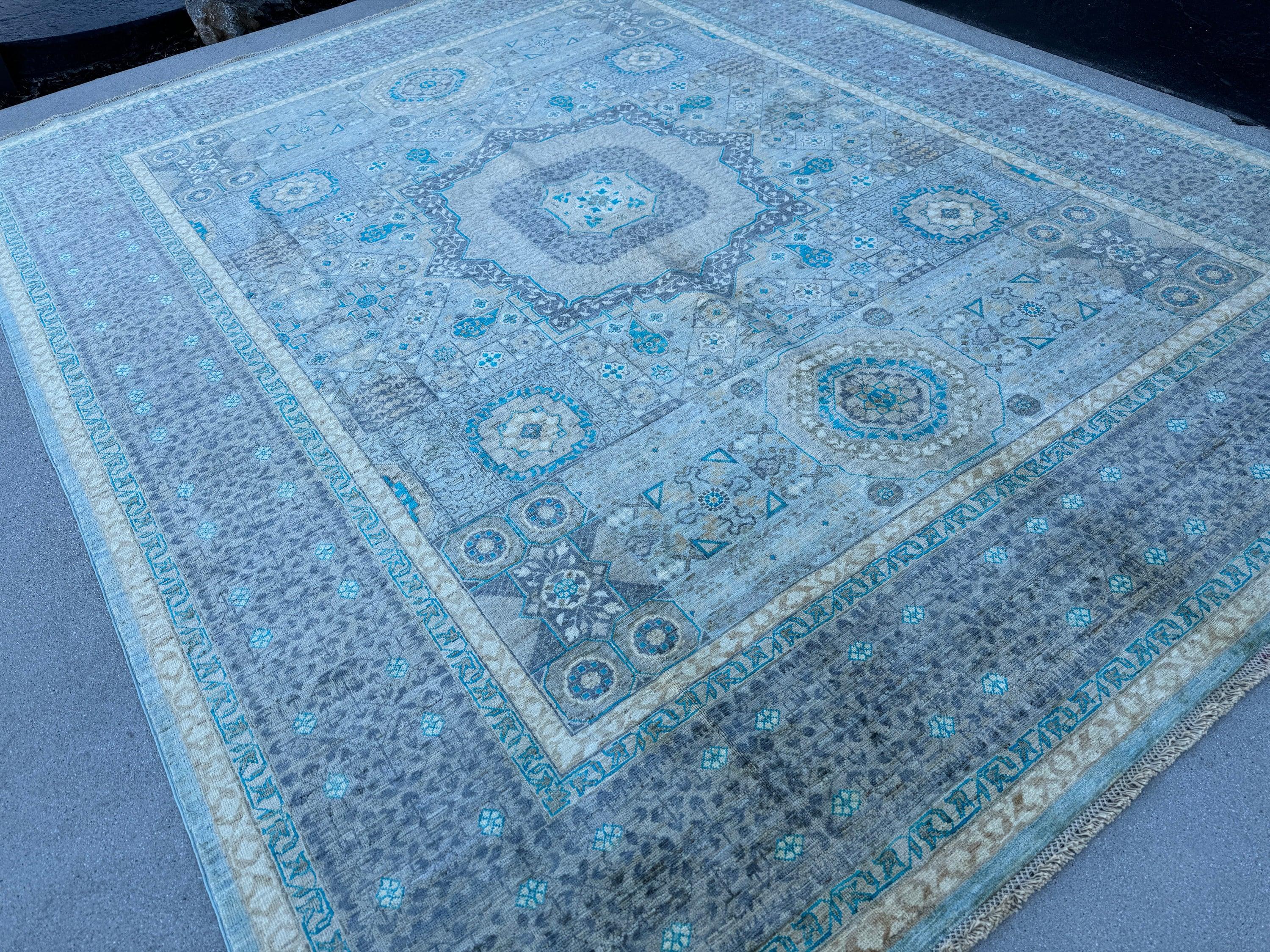 8x10 (244x305) Handmade Afghan Rug | Slate Gray Grey Blue Denim Teal Ivory Beige Seafoam Moss Green | Wool Mamluk Hand Knotted Medallion