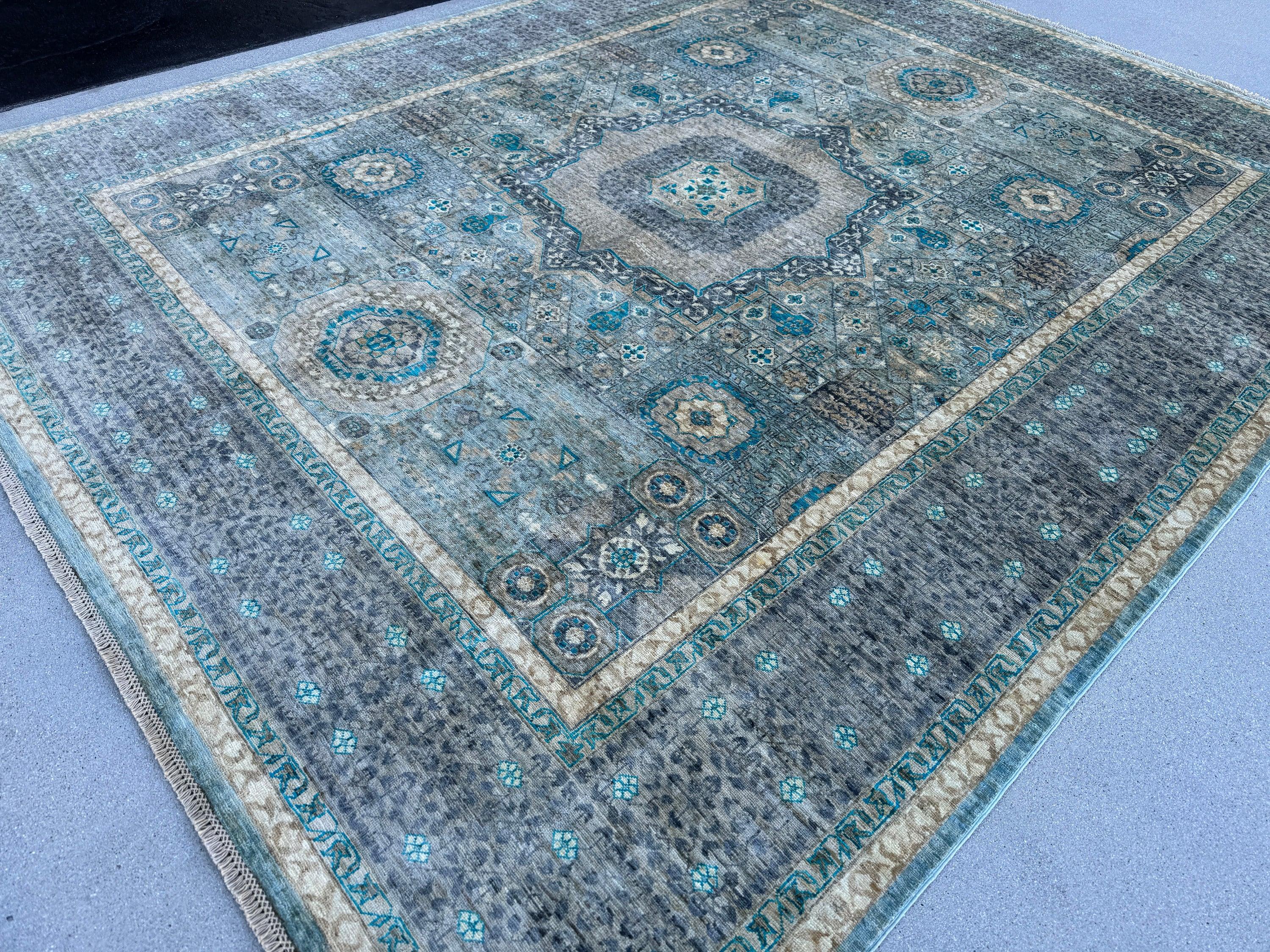 8x10 (244x305) Handmade Afghan Rug | Slate Gray Grey Blue Denim Teal Ivory Beige Seafoam Moss Green | Wool Mamluk Hand Knotted Medallion