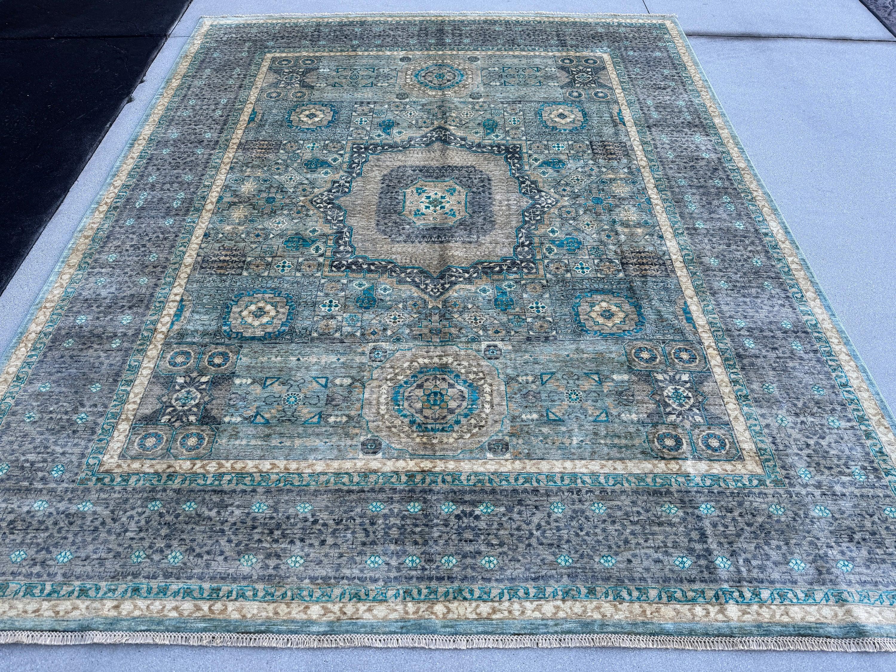 8x10 (244x305) Handmade Afghan Rug | Slate Gray Grey Blue Denim Teal Ivory Beige Seafoam Moss Green | Wool Mamluk Hand Knotted Medallion