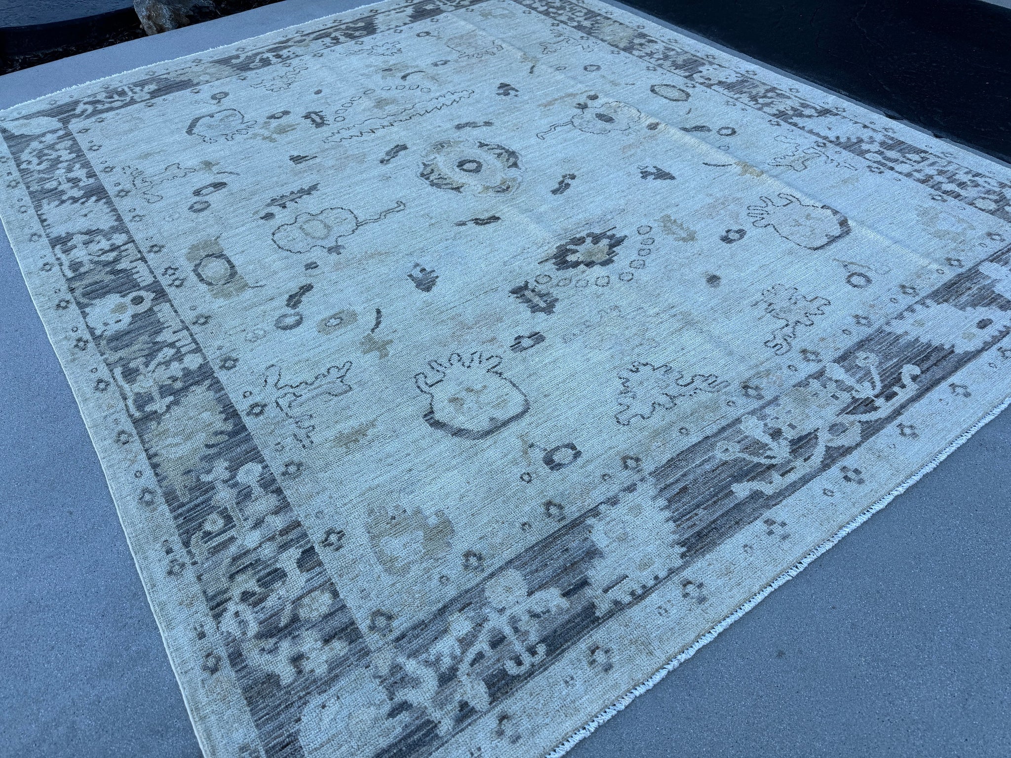 8x10 (240x300) Handmade Afghan Rug | Ivory White Cream Slate Charcoal Grey Gray Taupe | Wool Hand Knotted Oushak Floral