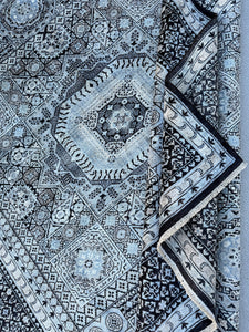 8x10 (244x305) Handmade Afghan Rug | White Ivory Black Sky Powder Blue | Wool Hand Knotted Mamluk Medallion Egyptian