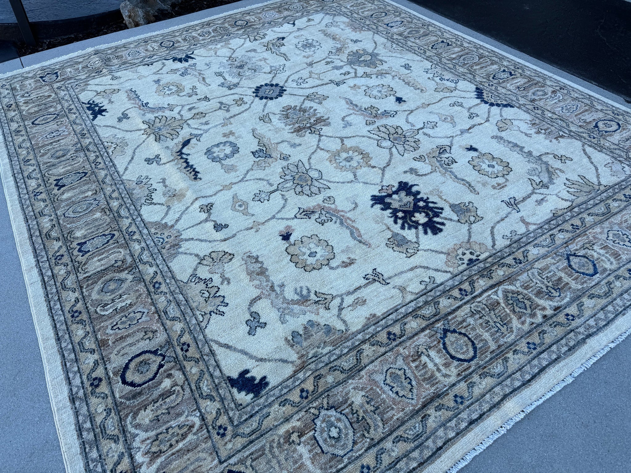 8~9x10 (260x304) Handmade Afghan Rug | Neutral Cream Powder Navy Blue Taupe Grey Gray | Wool Oushak Floral Hand Knotted