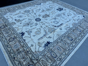 8~9x10 (260x304) Handmade Afghan Rug | Neutral Cream Powder Navy Blue Taupe Grey Gray | Wool Oushak Floral Hand Knotted