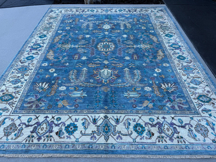 8x10 (244x305) Handmade Afghan Rug | Teal Denim Aqua Sky Blue Ivory Turquoise Tan Sage Green Rust Orange Lilac Purple | Wool Floral Oushak