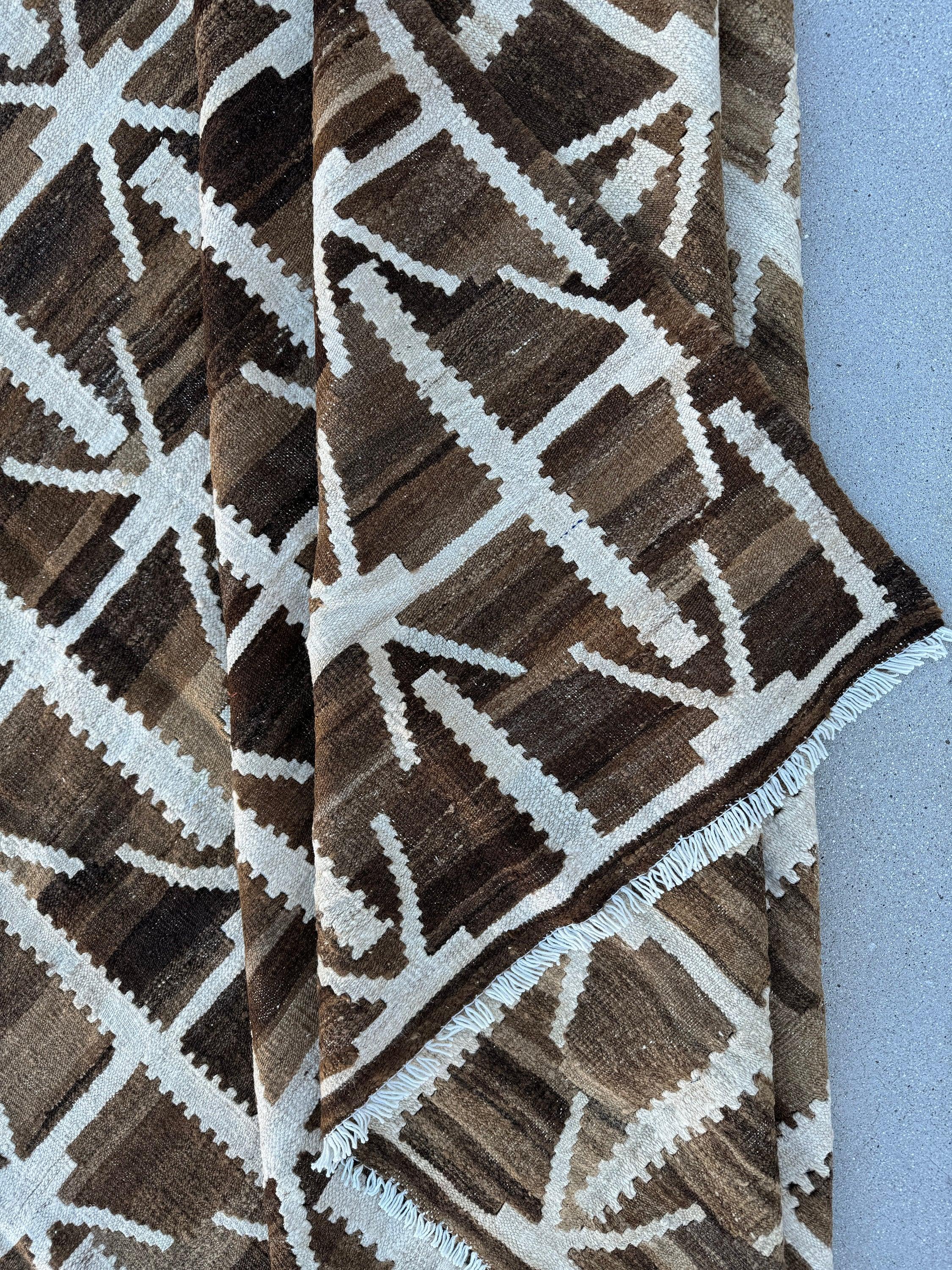 8x10 (244x251) Handmade Afghan Kilim Rug | Chocolate Mocha Coffee Brown Cream White Ivory | Geometric Wool Flatweave