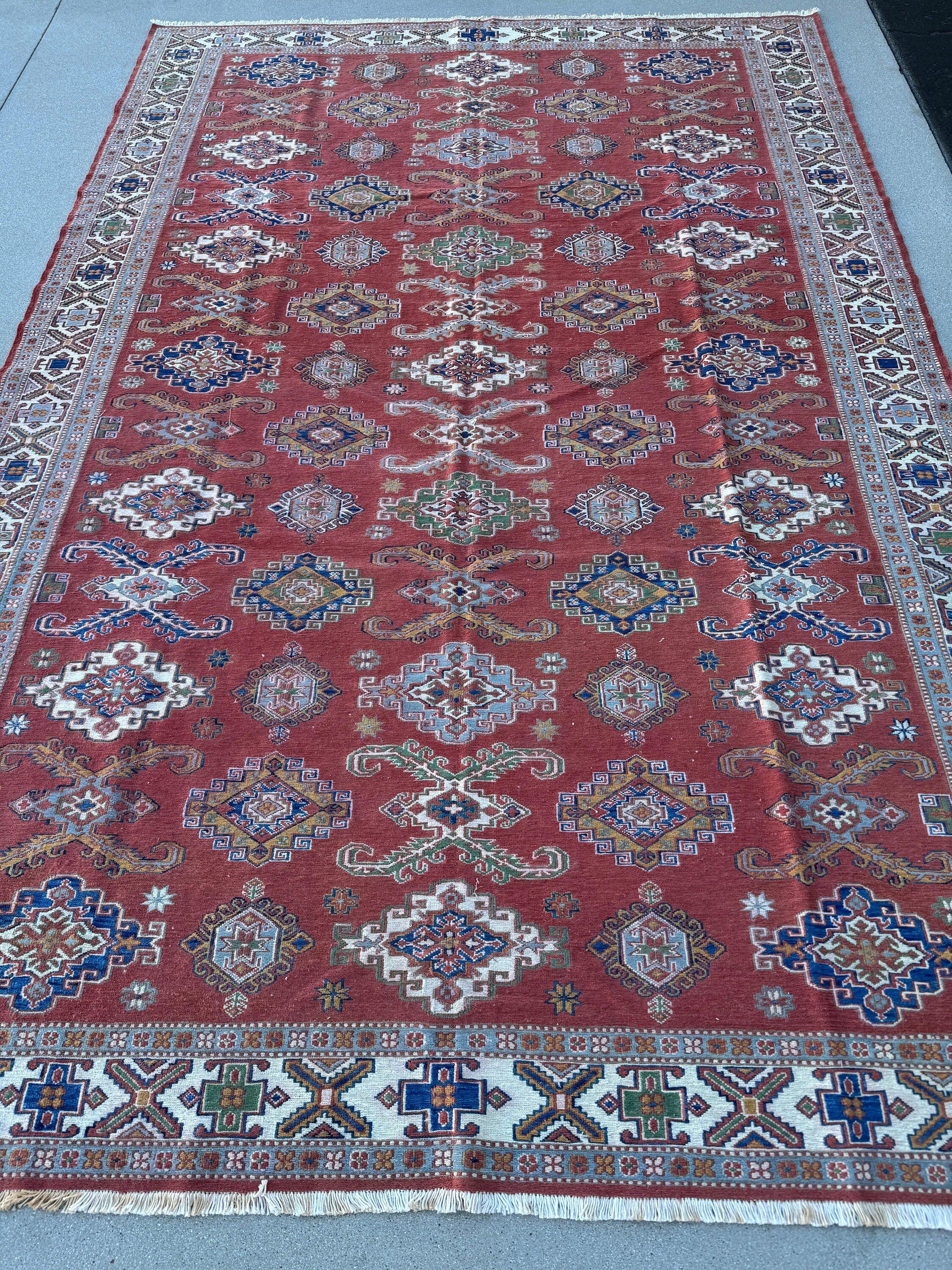 6x10 (180x305) Handmade Afghan Soumak Rug | Brick Red Navy Royal Sky Blue White Forest Green Cream Caramel | Flatweave Wool Kilim