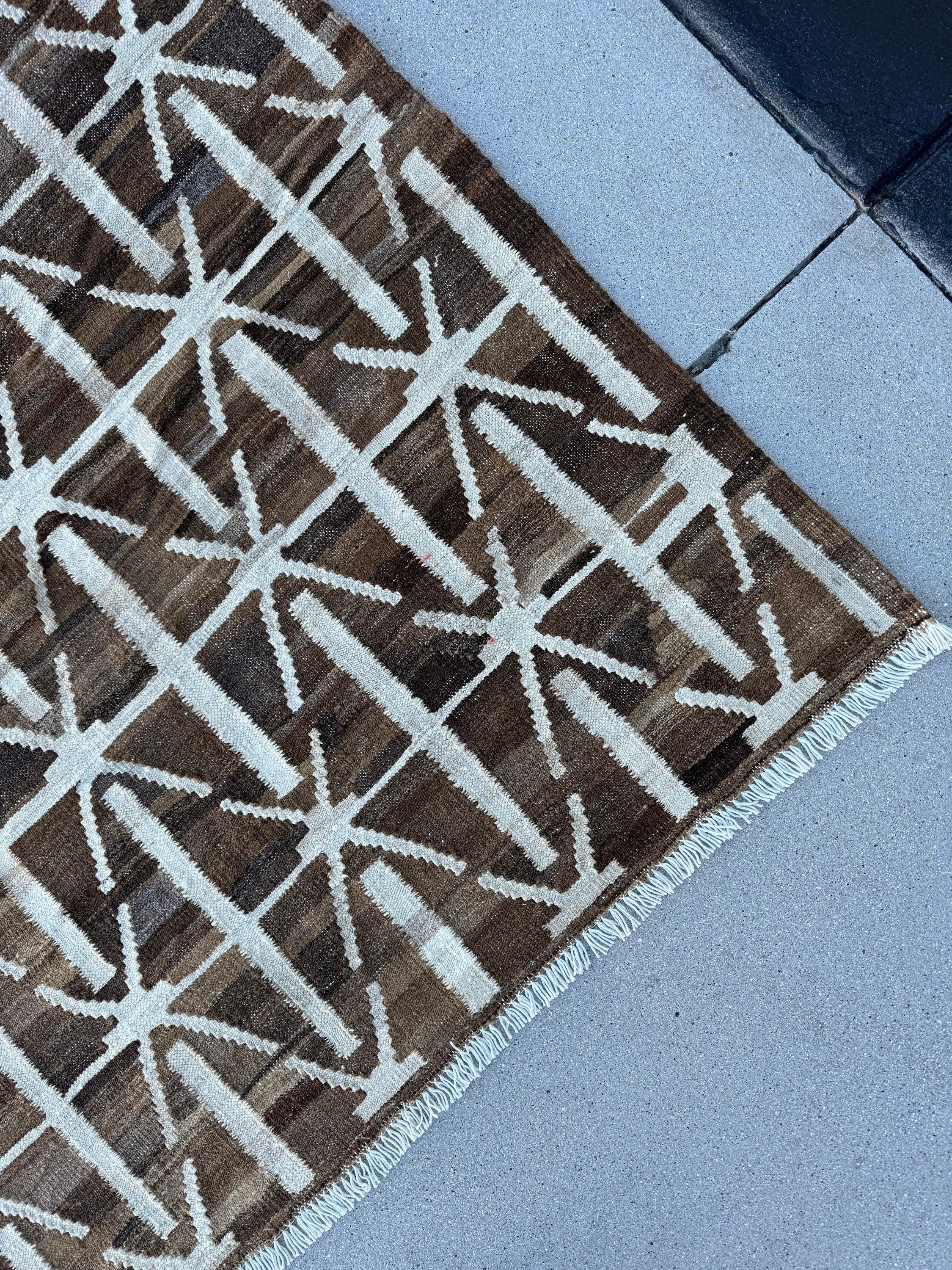 7x10 (210x305) Handmade Afghan Kilim Rug | Chocolate Mocha Coffee Brown Cream White Ivory | Geometric Wool Flatweave