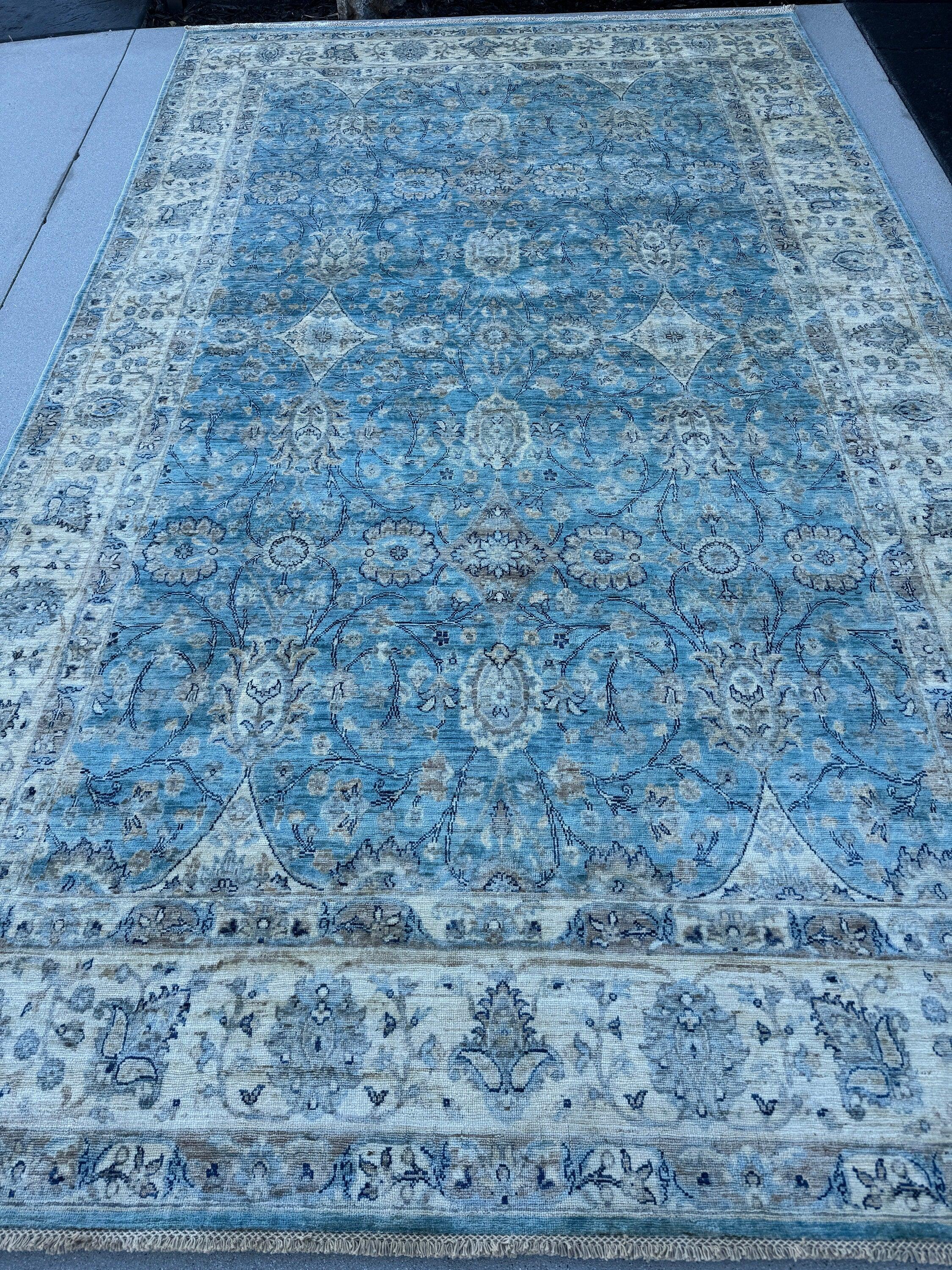 7x10 (213x305) Handmade Afghan Rug | Sky Powder Navy Blue Beige Taupe Cream Grey White | Floral Wool Hand-Knotted