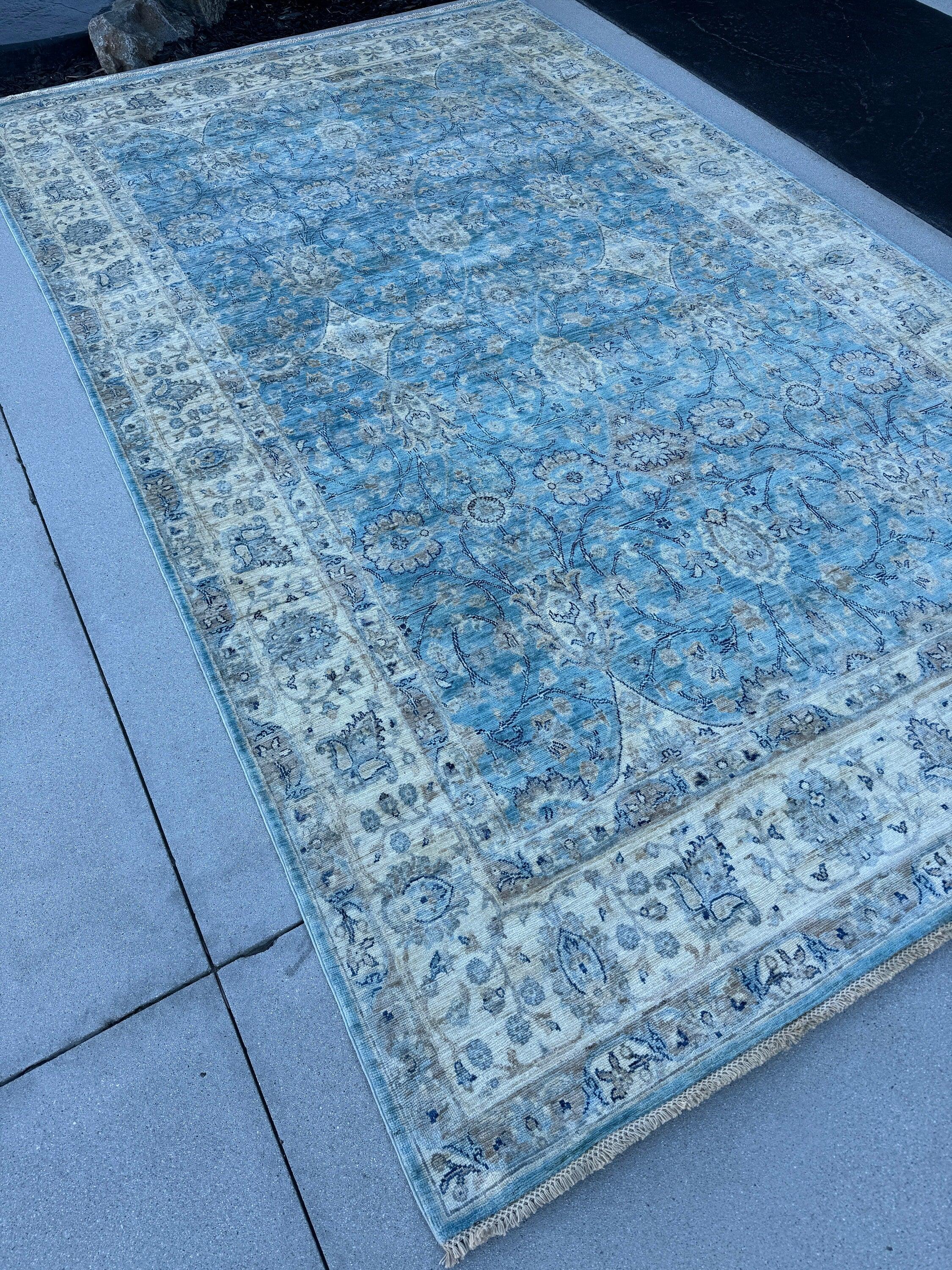 7x10 (213x305) Handmade Afghan Rug | Sky Powder Navy Blue Beige Taupe Cream Grey White | Floral Wool Hand-Knotted