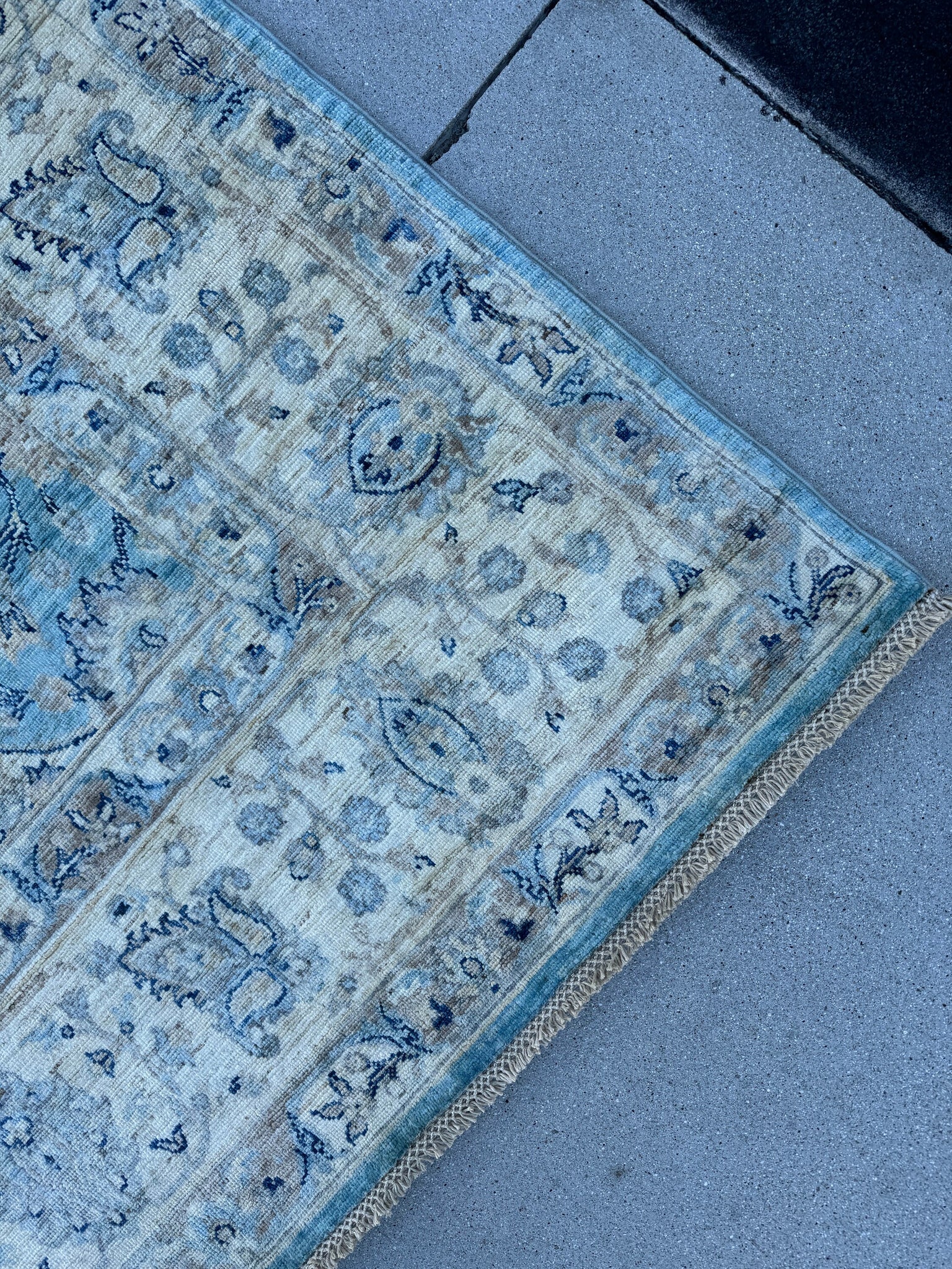 7x10 (213x305) Handmade Afghan Rug | Sky Powder Navy Blue Beige Taupe Cream Grey White | Floral Wool Hand-Knotted