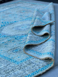 8x9-10 (244x305) Handmade Afghan Rug | Ivory Turquoise Denim Blue Sky Blue Sage Green Light Grey Teal | Wool Hand Knotted Medallion Mamluk